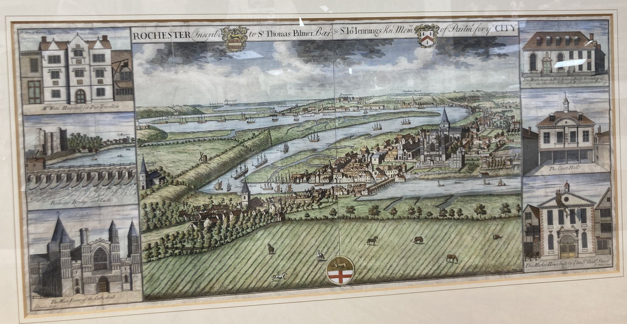 Two 18th century coloured engravings, Going to cover and View of Rochester, 37 x 52cm and 38 x 83cm, and three other prints